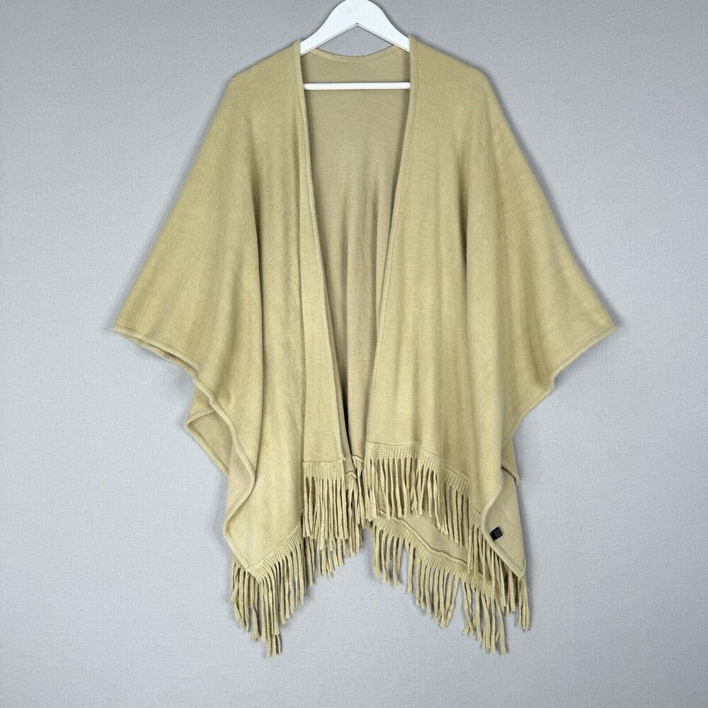 Unbranded Womens Sweater One Size Tan Wool Blend Poncho Shawl Fringe Layering